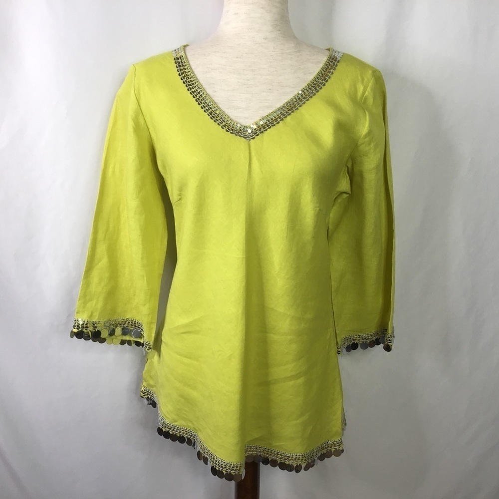 RICHARD Malcolm Top Size 8 Irish Linen Mirror Sequin Chartreuse Green